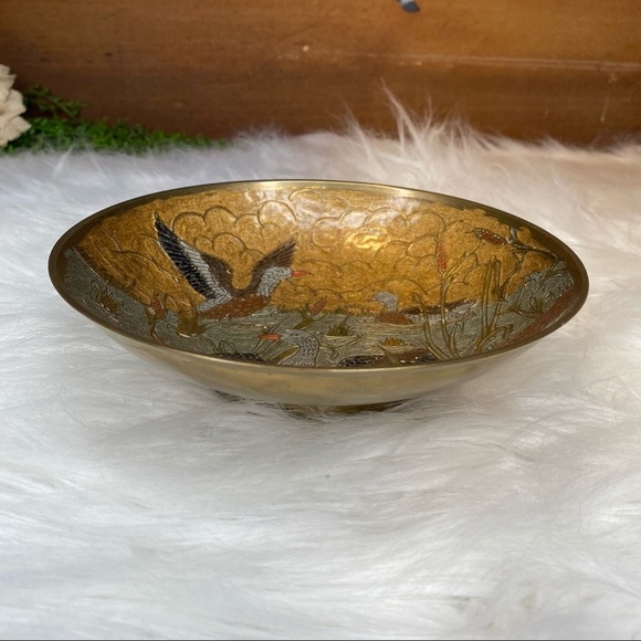 Archana Handicrafts Brass Cloisonné Painted Enamel Birds in Pond Decorative Bowl - Picture 2 of 10